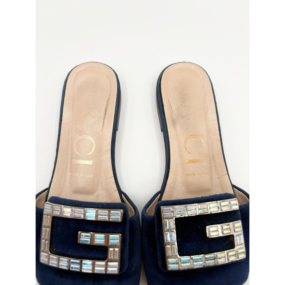 Gucci Blue Velvet Sandals w/ Crystal Embellished Monogram Accent Slides EU 37.5 - Picture 8 of 12